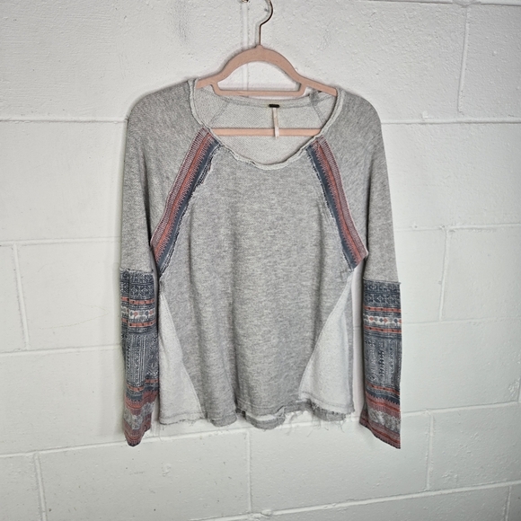 Free People Aztec Southwestern Mixed Fabric Sweatshirt Distressed - Picture 11 of 11